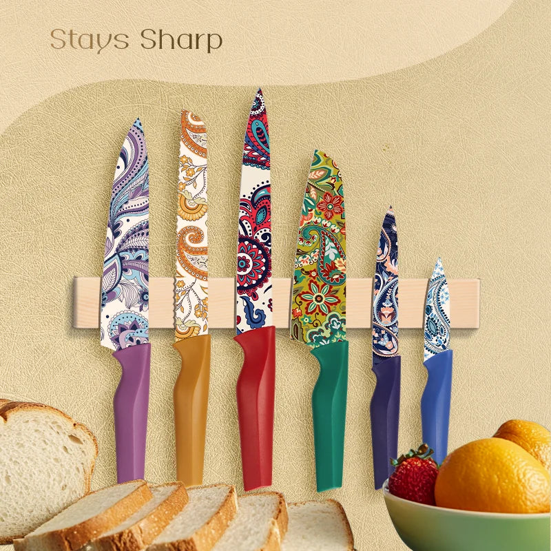 Paisley Pattern Knife Set with Cover, Dishwasher Safe Colorful Knives with 6 Knife Sheath