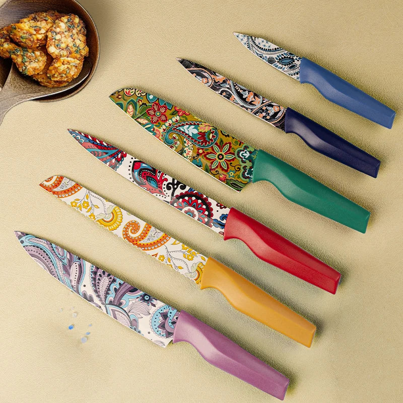 Paisley Pattern Knife Set with Cover, Dishwasher Safe Colorful Knives with 6 Knife Sheath