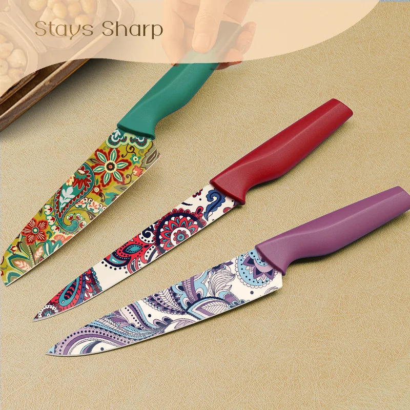 Paisley Pattern Knife Set with Cover, Dishwasher Safe Colorful Knives with 6 Knife Sheath