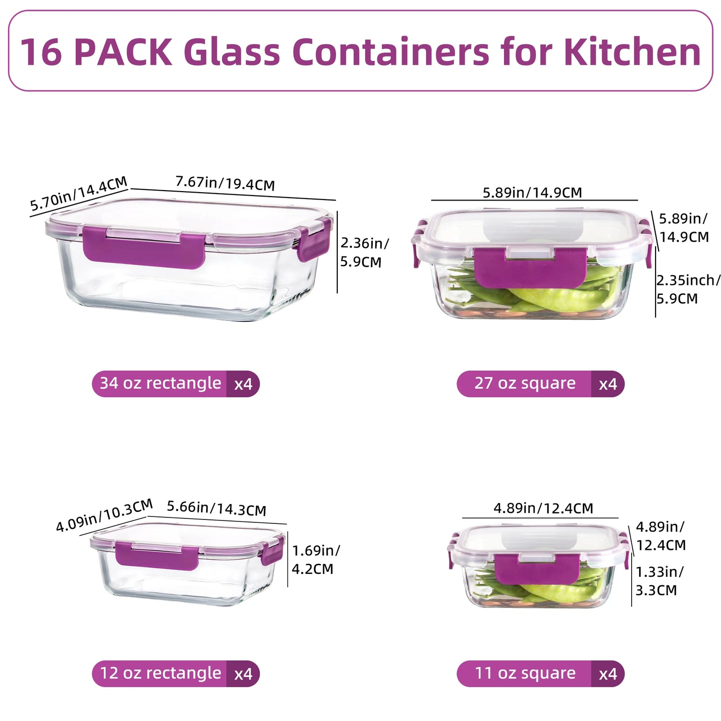 16 Pack Glass Food Storage Containers with Lids