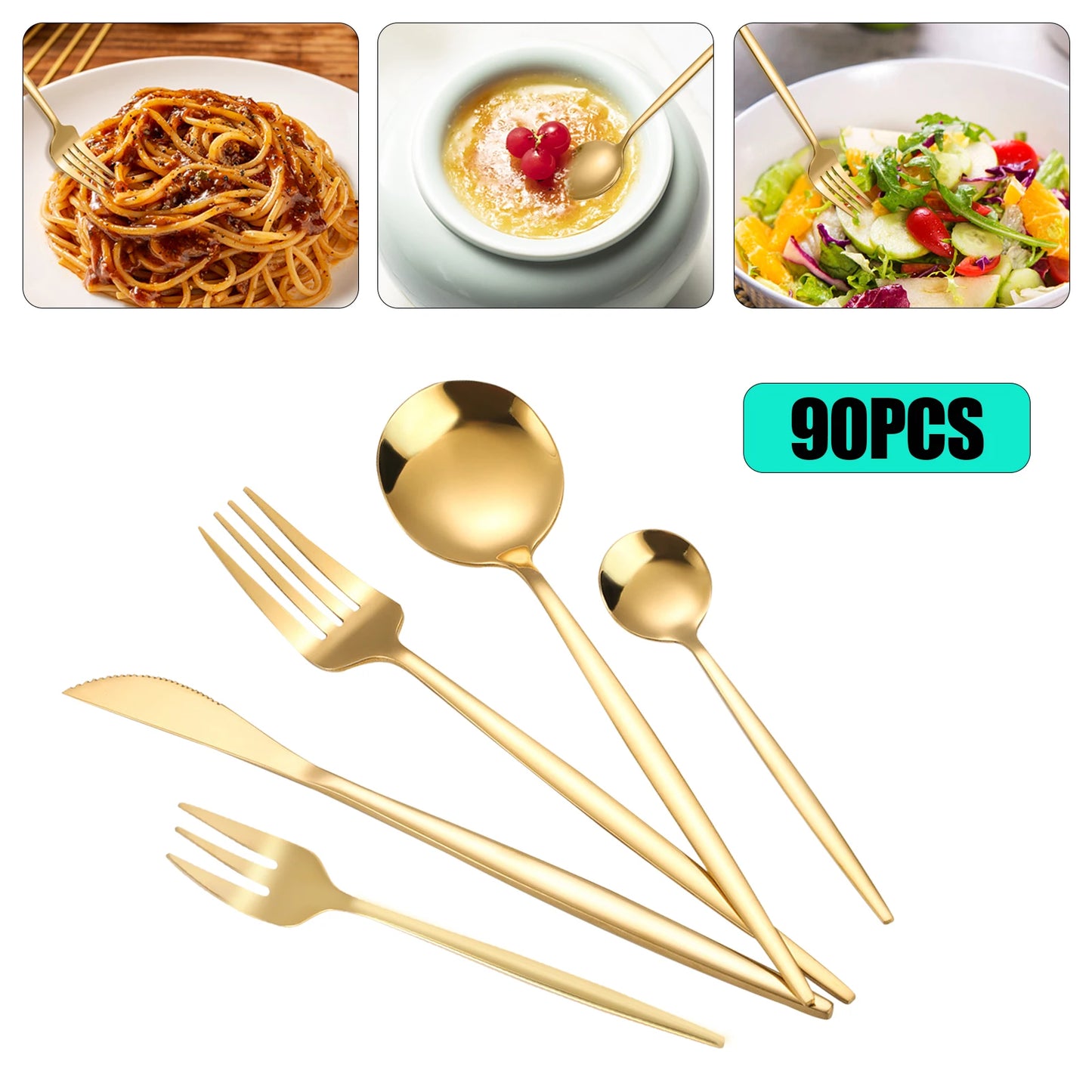 90PCS Gold Flatware Cutlery 5 Golden Stainless Steel Kitchen Utensils Set