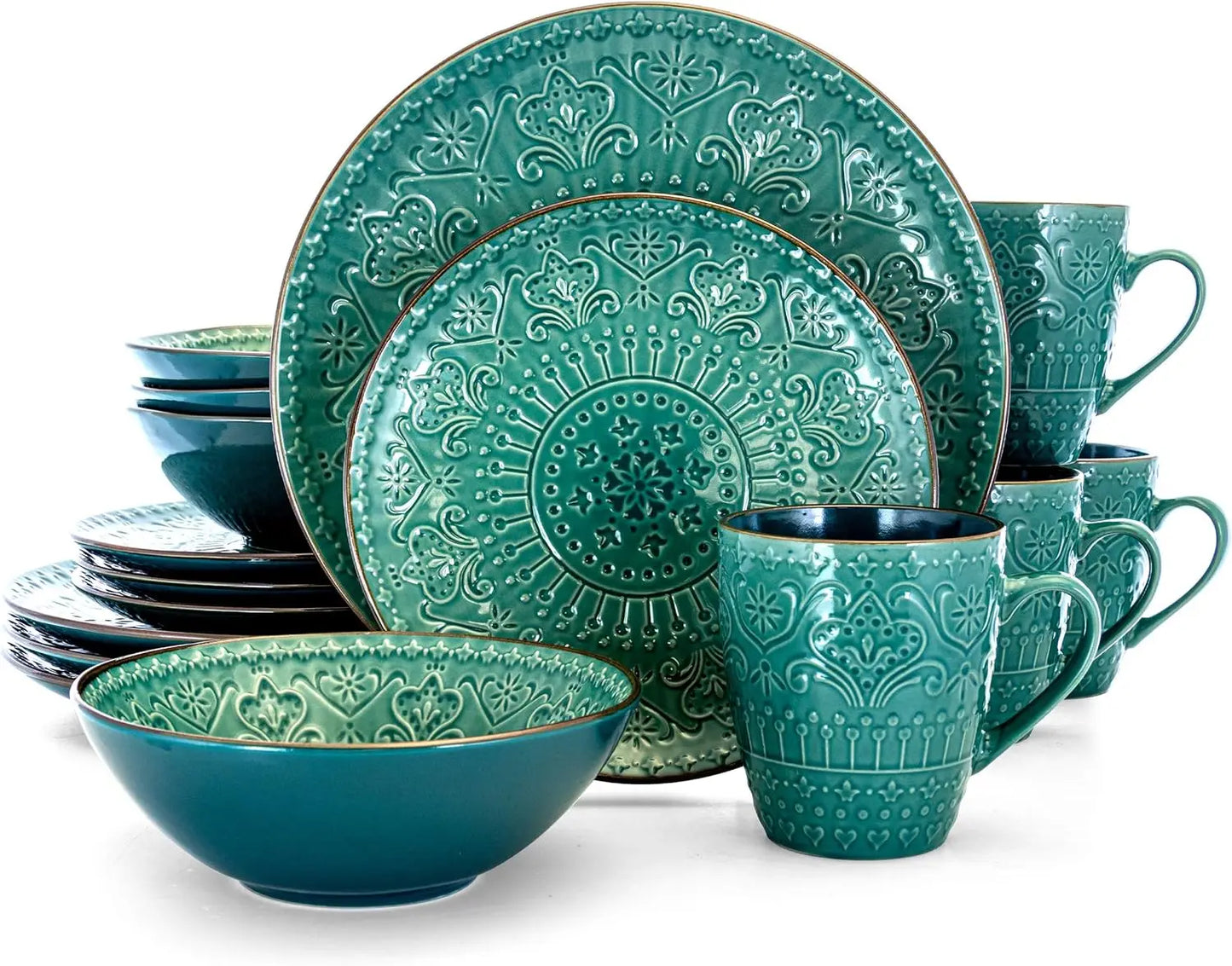 Round Stoneware Embossed Dinnerware Dish Set, 16 Piece, Sea Blue with Brown Trim