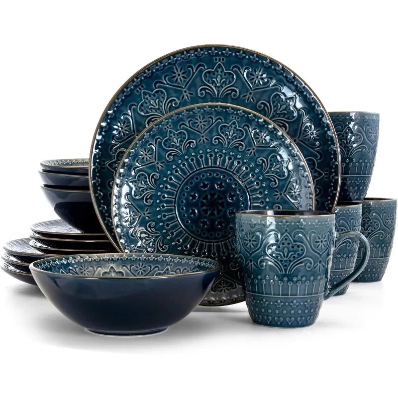 Round Stoneware Embossed Dinnerware Dish Set, 16 Piece, Sea Blue with Brown Trim